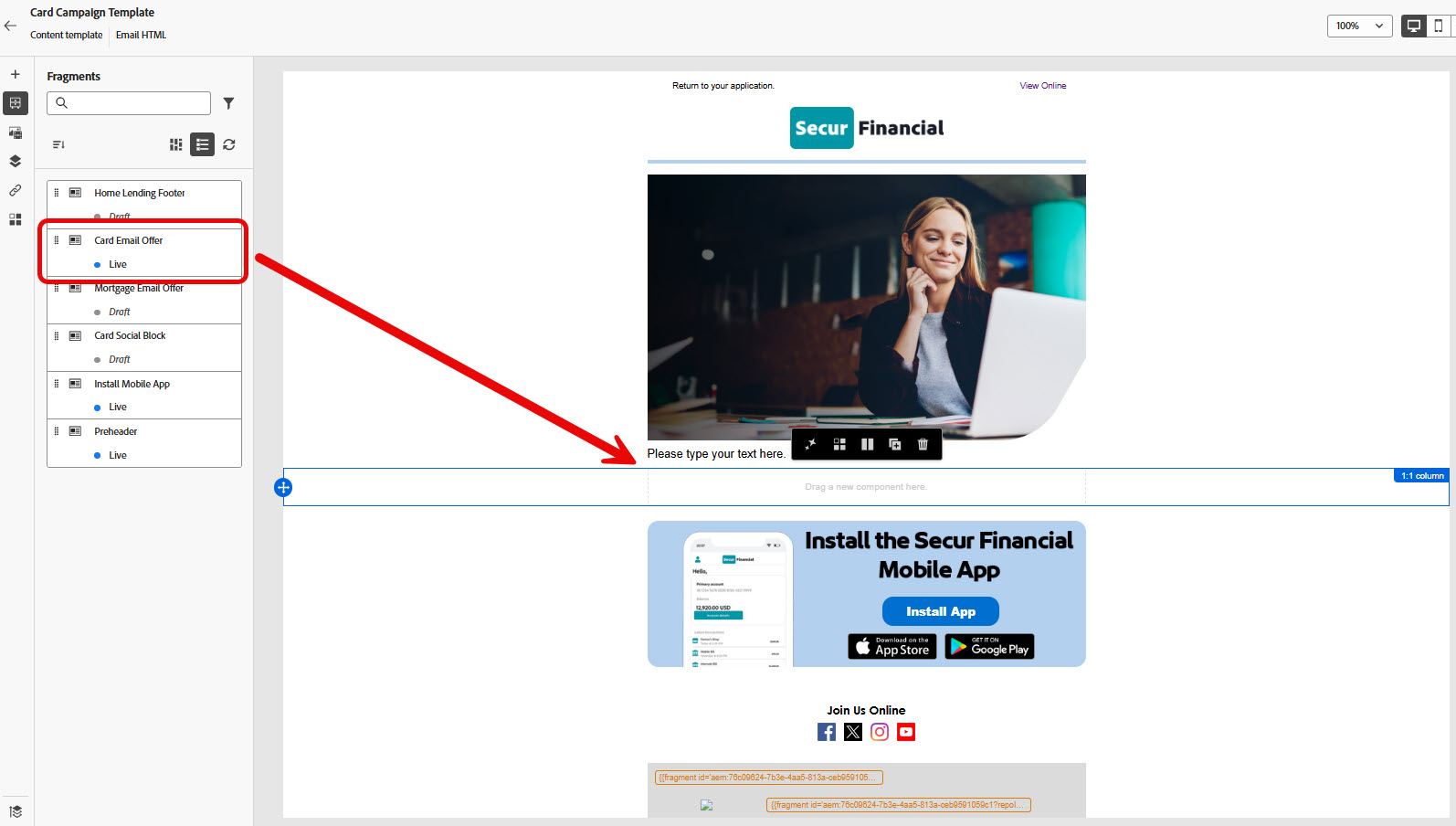 Default credit card template shown.