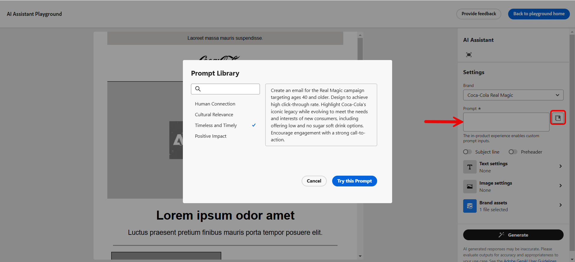 Choosing a prompt in Email channel.