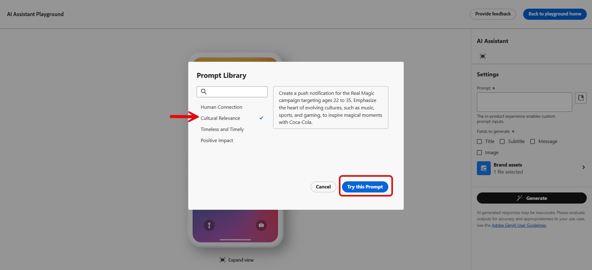 Choosing a prompt in Push notification channel.