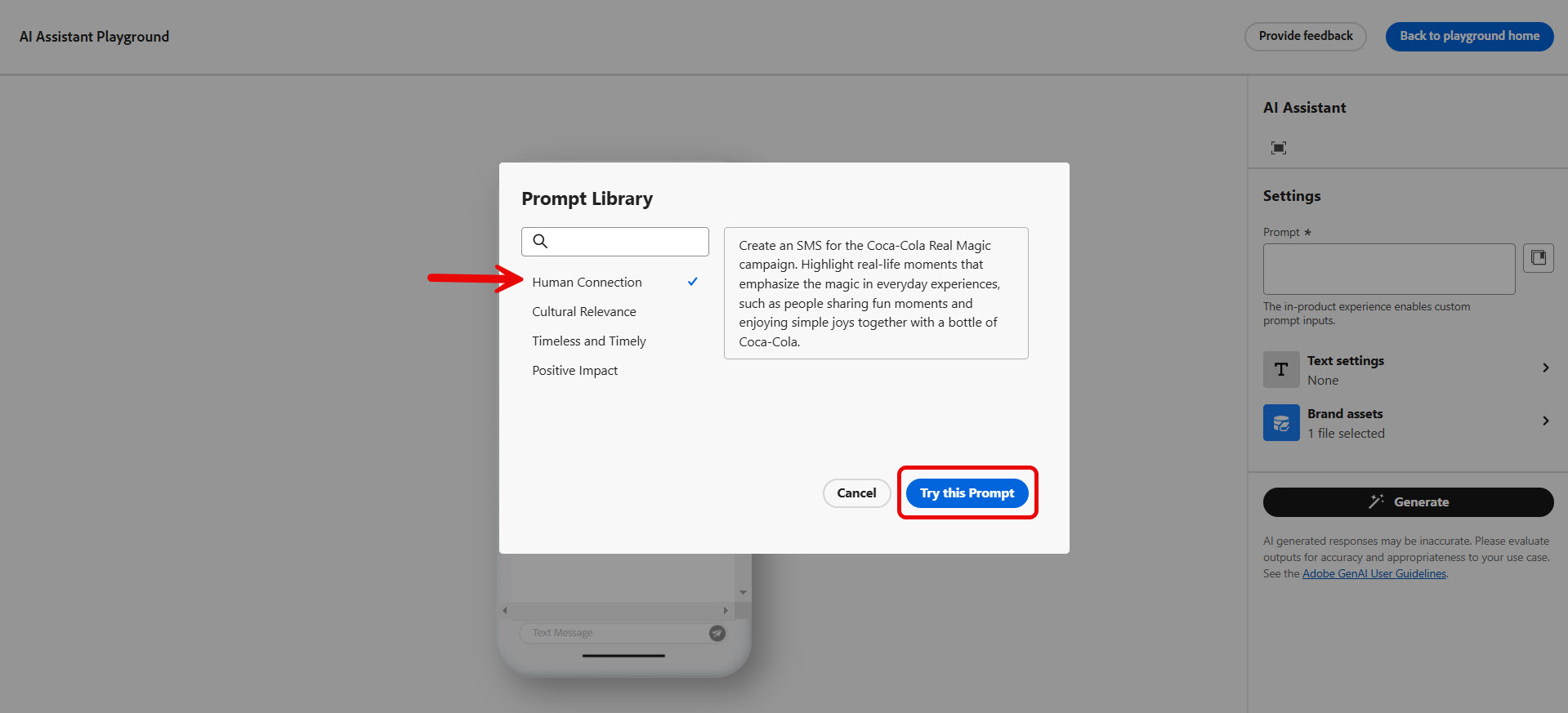 Choosing a prompt in SMS channel.
